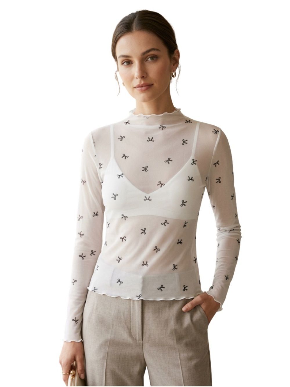 White Sheer Mesh Bow Print Top Coquette Soft Girl Mock Neck Lettuce Hem Large